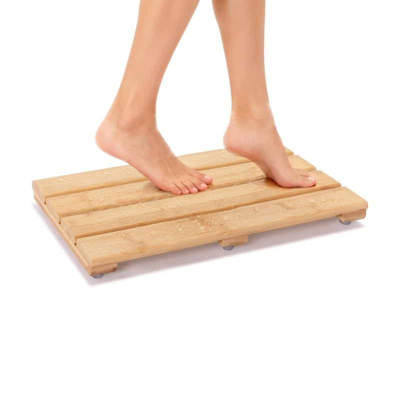 PELYN Bamboo Shower Bath Mat for Bathroom, Non-Slip Bamboo Wood Bathroom Mats for Inside or Outside (19.7 x 12.2 inches) - Image 1
